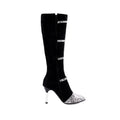 Women's grey and black knee high boots with 9cm thin heels and velvet lining
