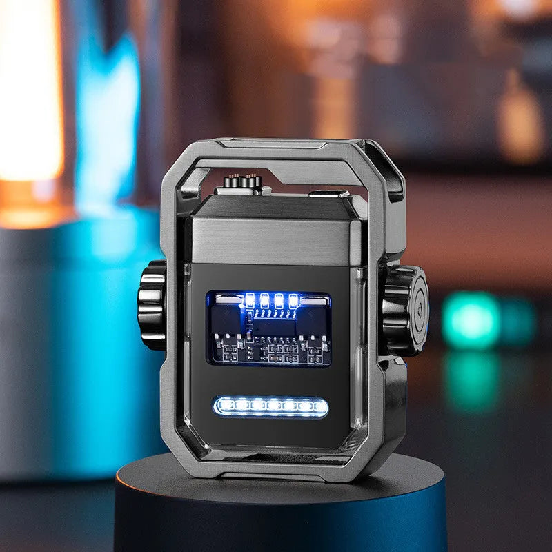Blue folding electric arc lighter with a mechanical gyroscope, showing windproof double arcs and USB Type-C port.