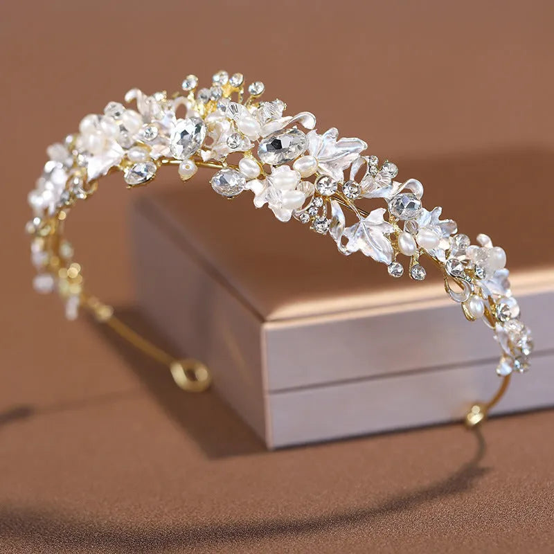 Women's pearl crown headdress with alloy construction and electroplated gold finish