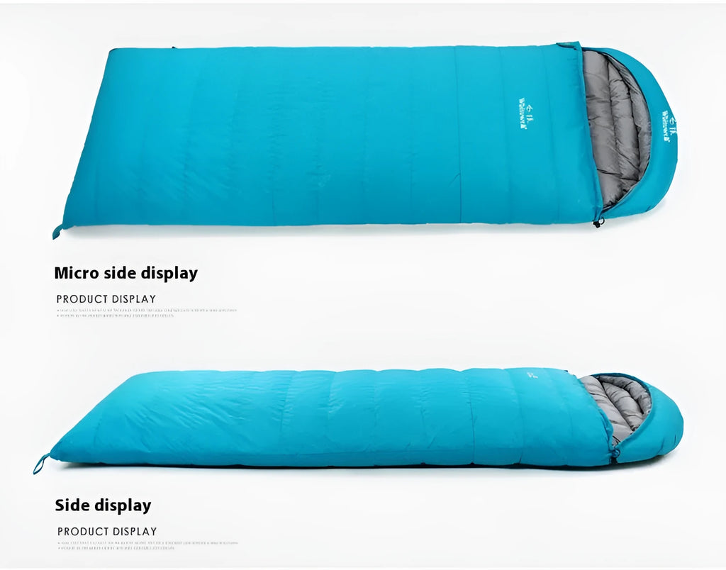 Black adult down sleeping bag with white goose down filling and tear-resistant nylon construction