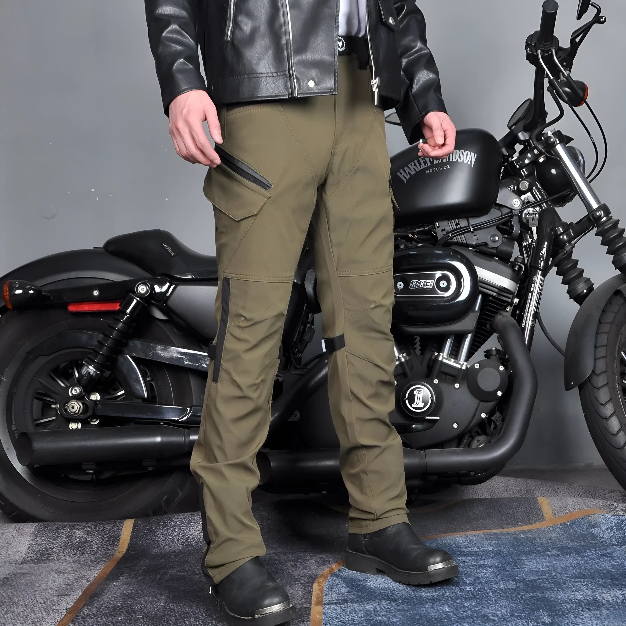 Motorcycle waterproof cycling trousers in black or green with included belt and protective gear