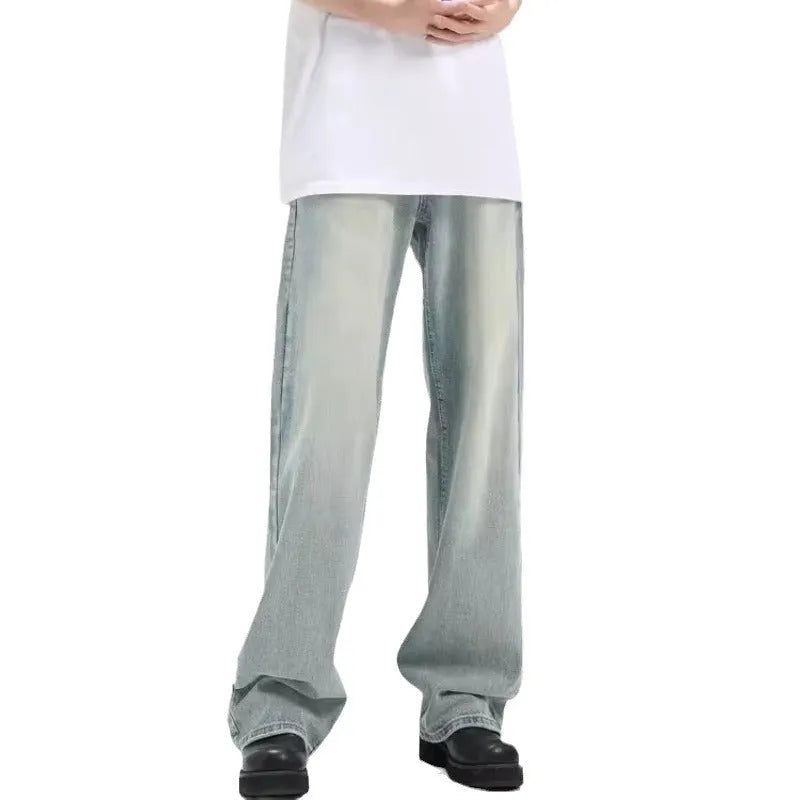 Blue retro-style loose casual trousers made of rabbit fur fabric on a hanger.