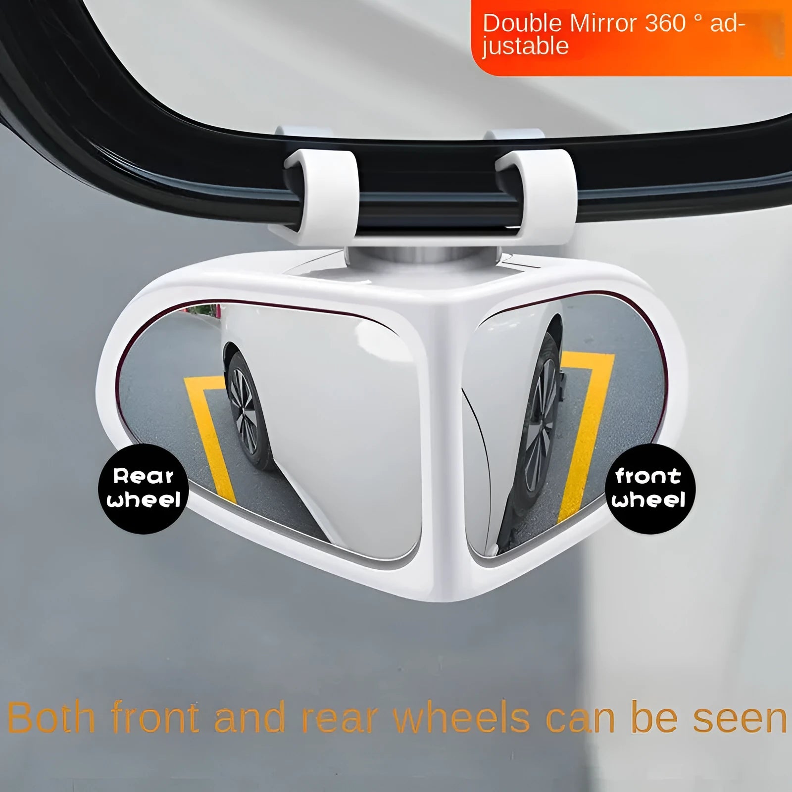 Car reversing small round wide-angle auxiliary mirror with adjustable ball joint, black, on a silver car side mirror