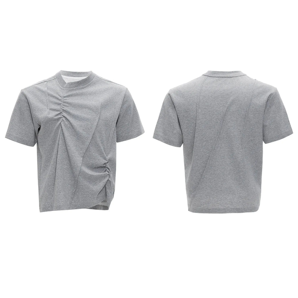 Men's loose fit grey cotton T-shirt with pleated detail and asymmetric stitching on a short sleeve.