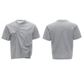 Men's loose fit grey cotton T-shirt with pleated detail and asymmetric stitching on a short sleeve.