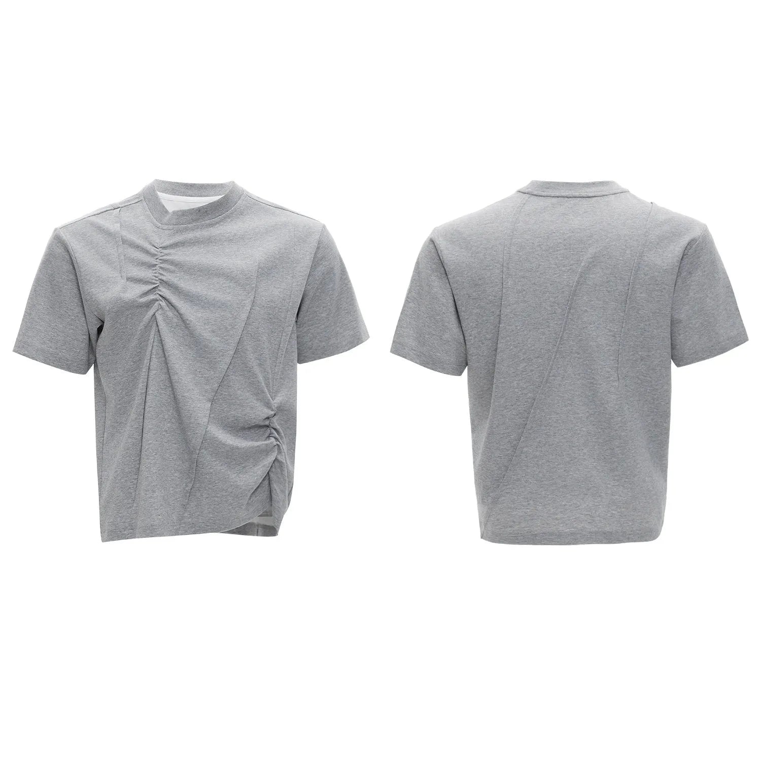 Men's loose fit grey cotton T-shirt with pleated detail and asymmetric stitching on a short sleeve.