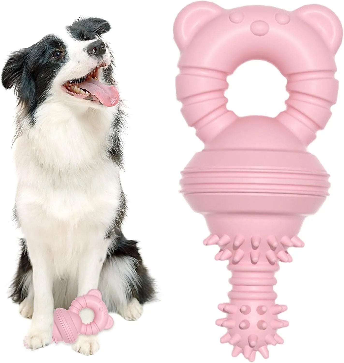 Blue rubber dog chew toy with molar cleaning texture, shown next to a measuring tape indicating 13.5cm size.