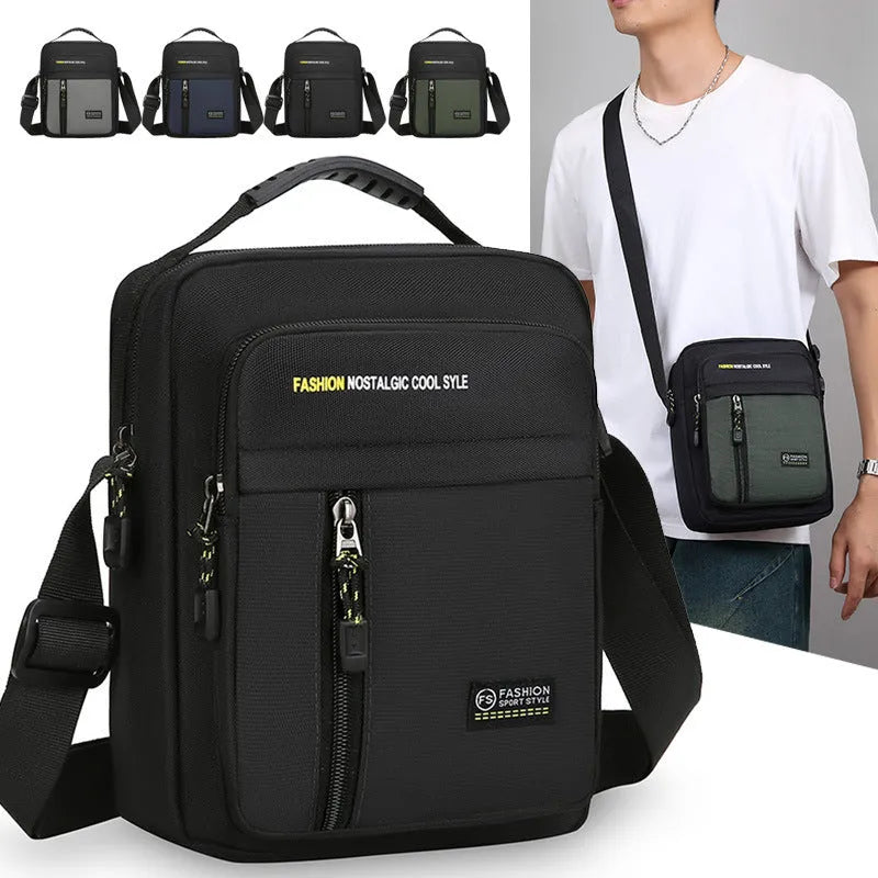 Men's casual nylon crossbody messenger bag in four colour options: black, blue, gray, green