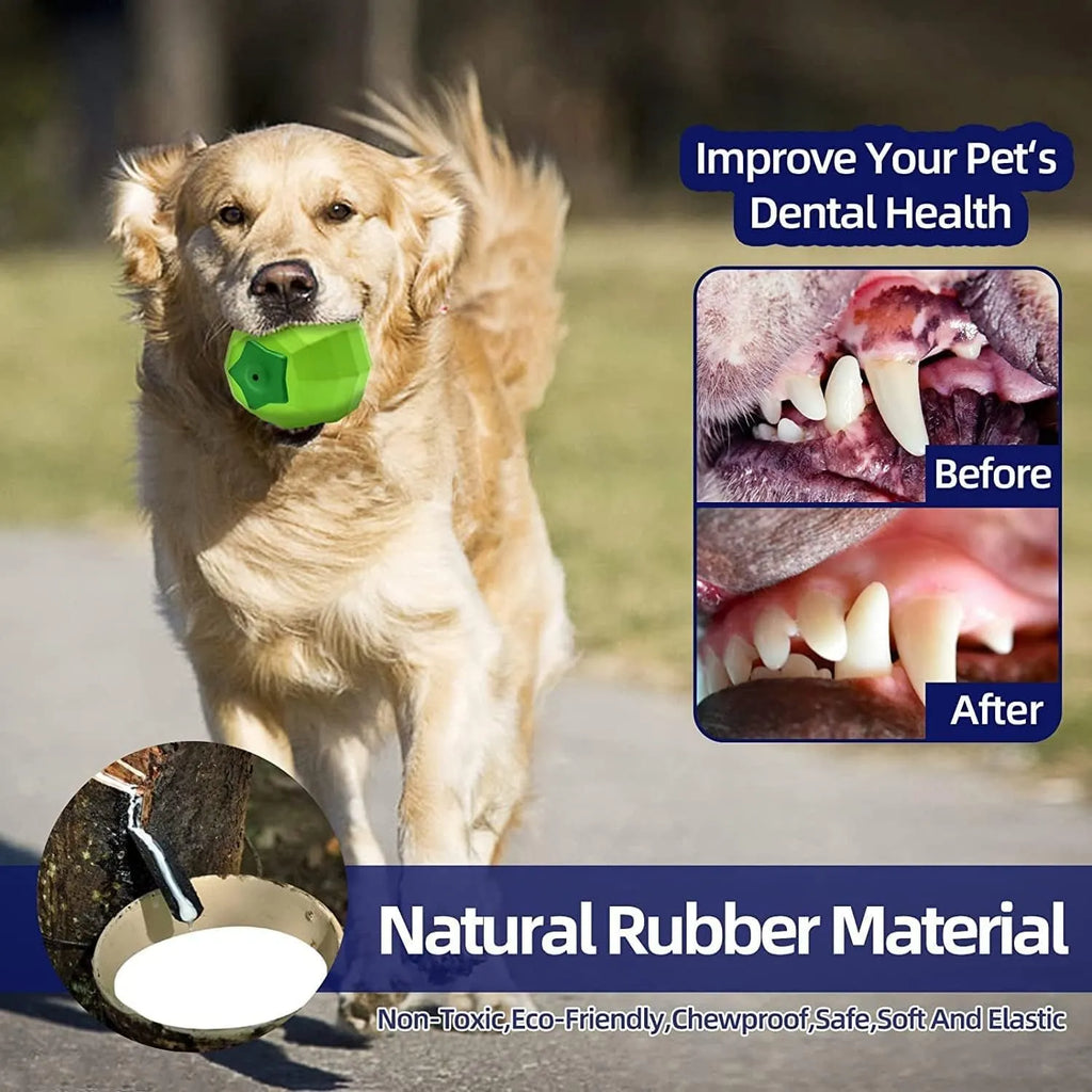 Green natural rubber dog ball chew toy for large breed dogs with squeaker