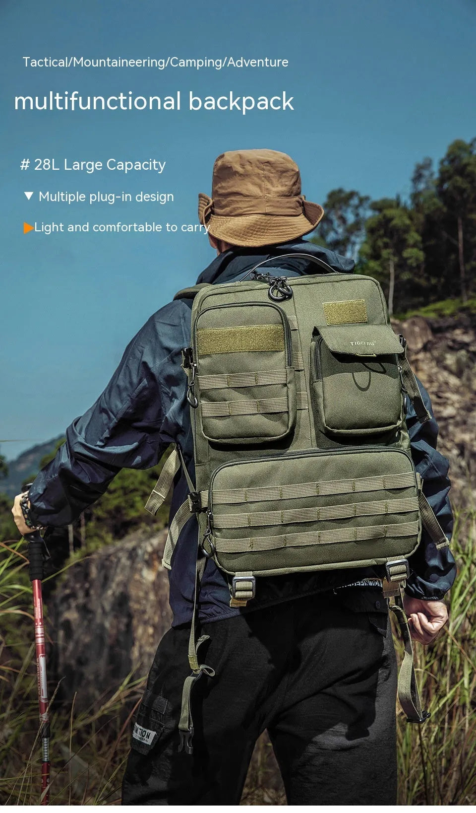 Army Green waterproof tactical backpack with 20-35L capacity for outdoor sports