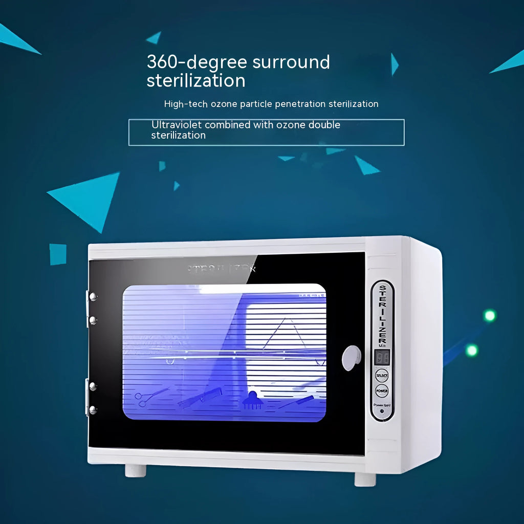 Small silver UV steriliser cabinet for salon tool disinfection with stainless steel chamber.