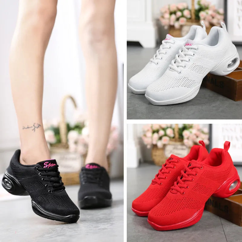 Women's breathable fly woven mesh dance shoes with soft PU sole, available in multiple colours and sizes 34-41