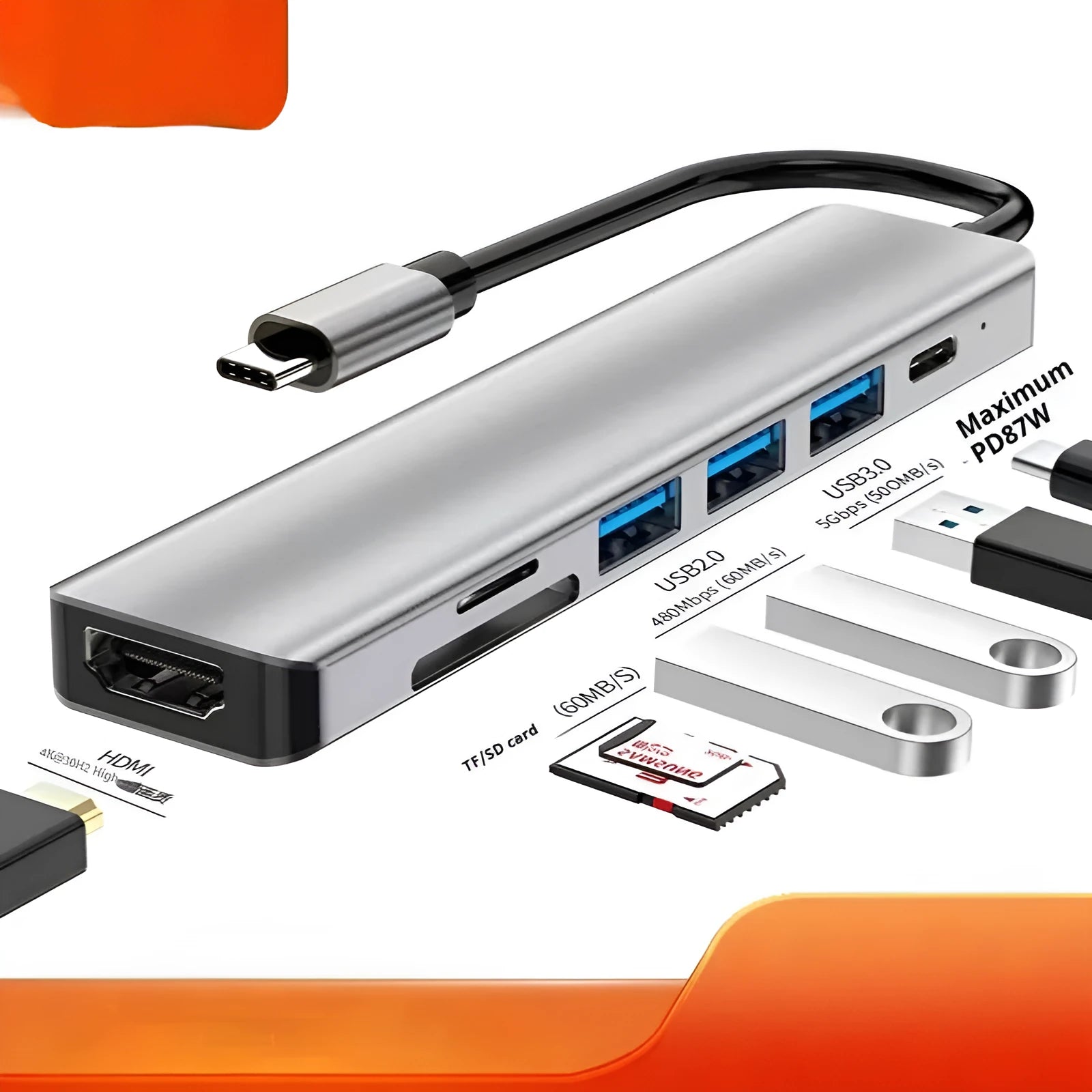 USB-C 7-in-1 aluminium expansion dock with HDMI port, USB ports, and card slots.