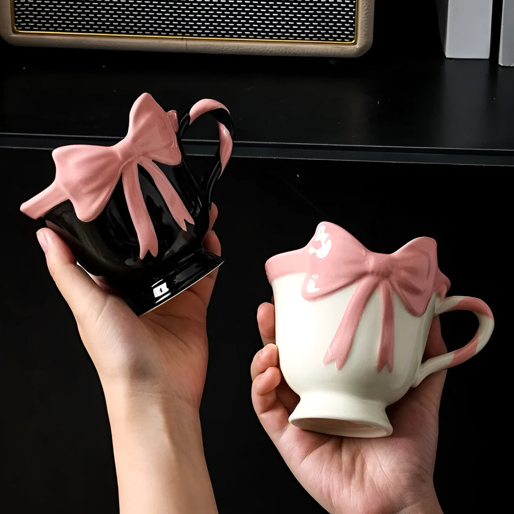 Original girl heart bow design ceramic mug in white powder or black pink colour with 301-400ml capacity
