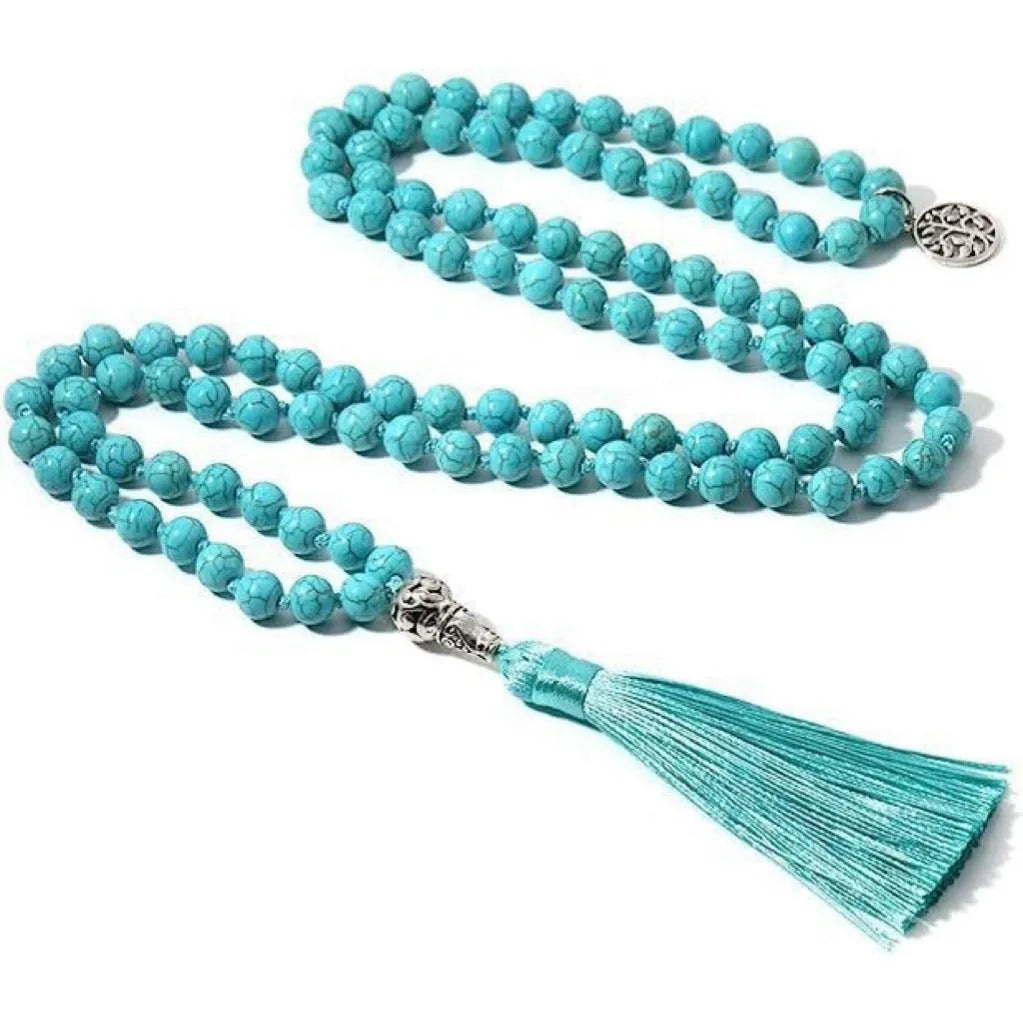 Handmade knotted beaded necklace with 108 natural stone beads in a simple geometric style on a white background