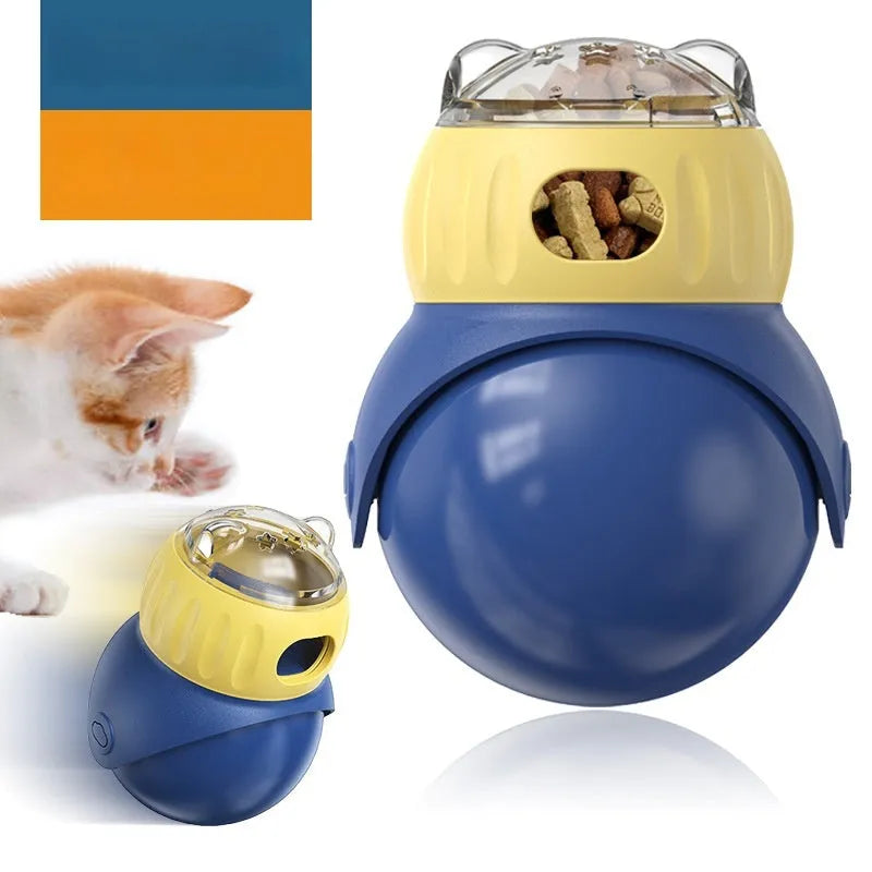 Morandi yellow and blue plastic owl-shaped cat puzzle feeder toy on a floor