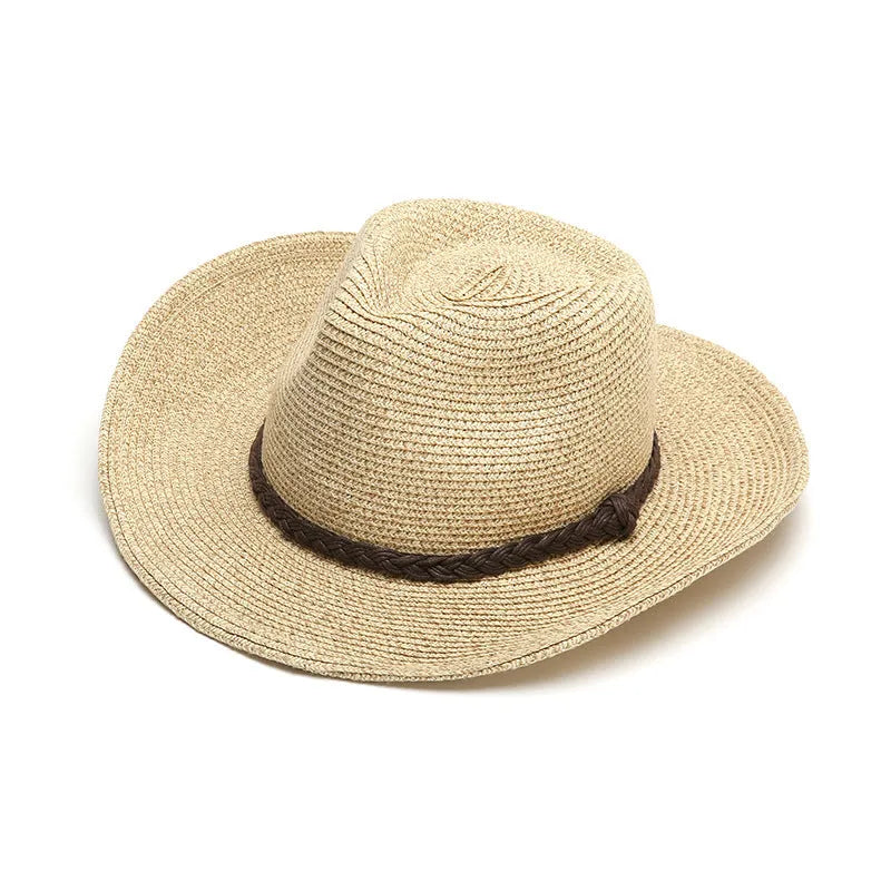 Men's foldable straw sun hat with wide brim in beige colour shown in three different sizes