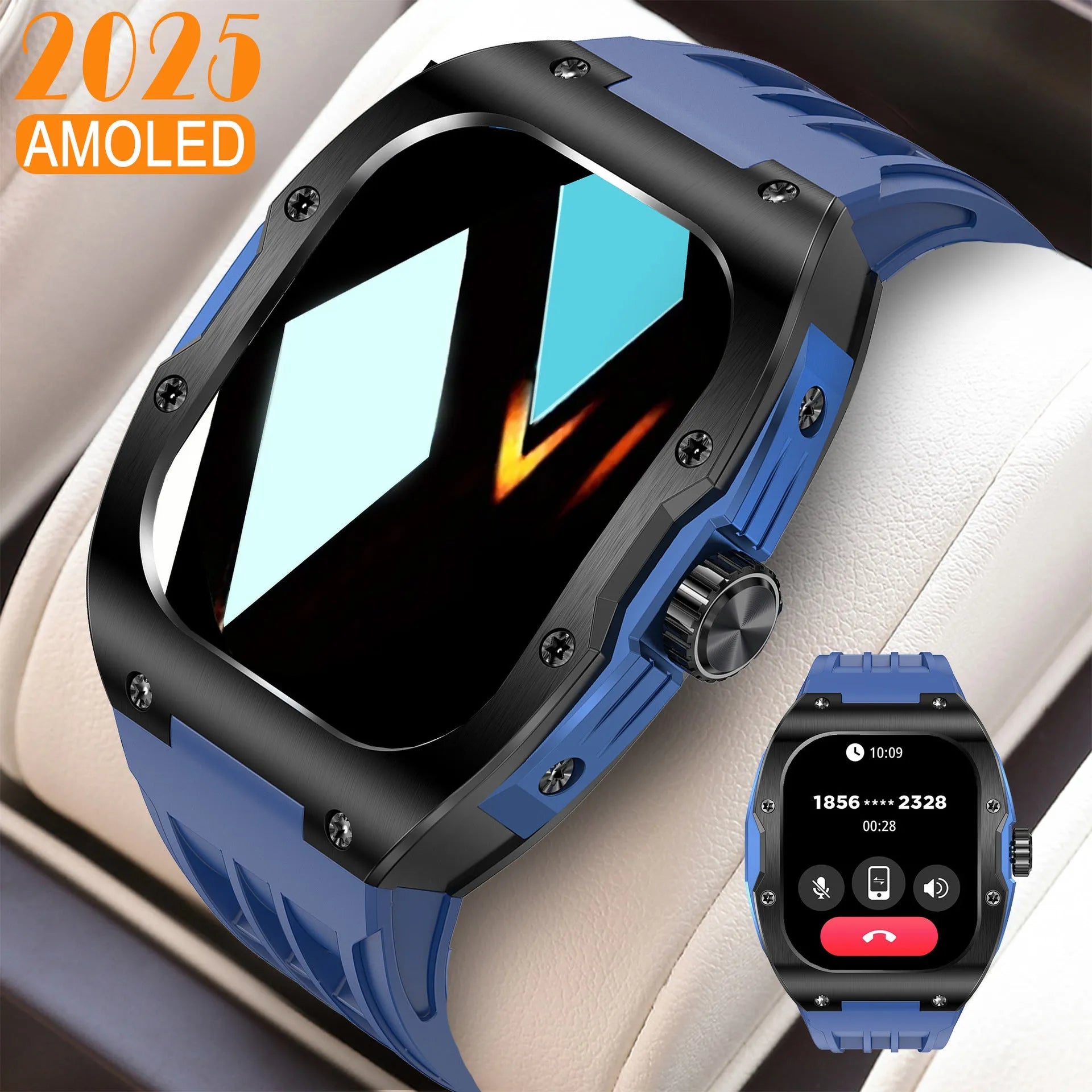 AMOLED smart watch for men with black and blue tape tab strap, showing Bluetooth calling and fitness tracking features.