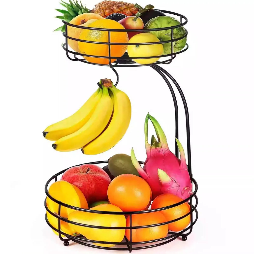 Double-layer black wrought iron fruit basket with two storage tiers for fruits and vegetables