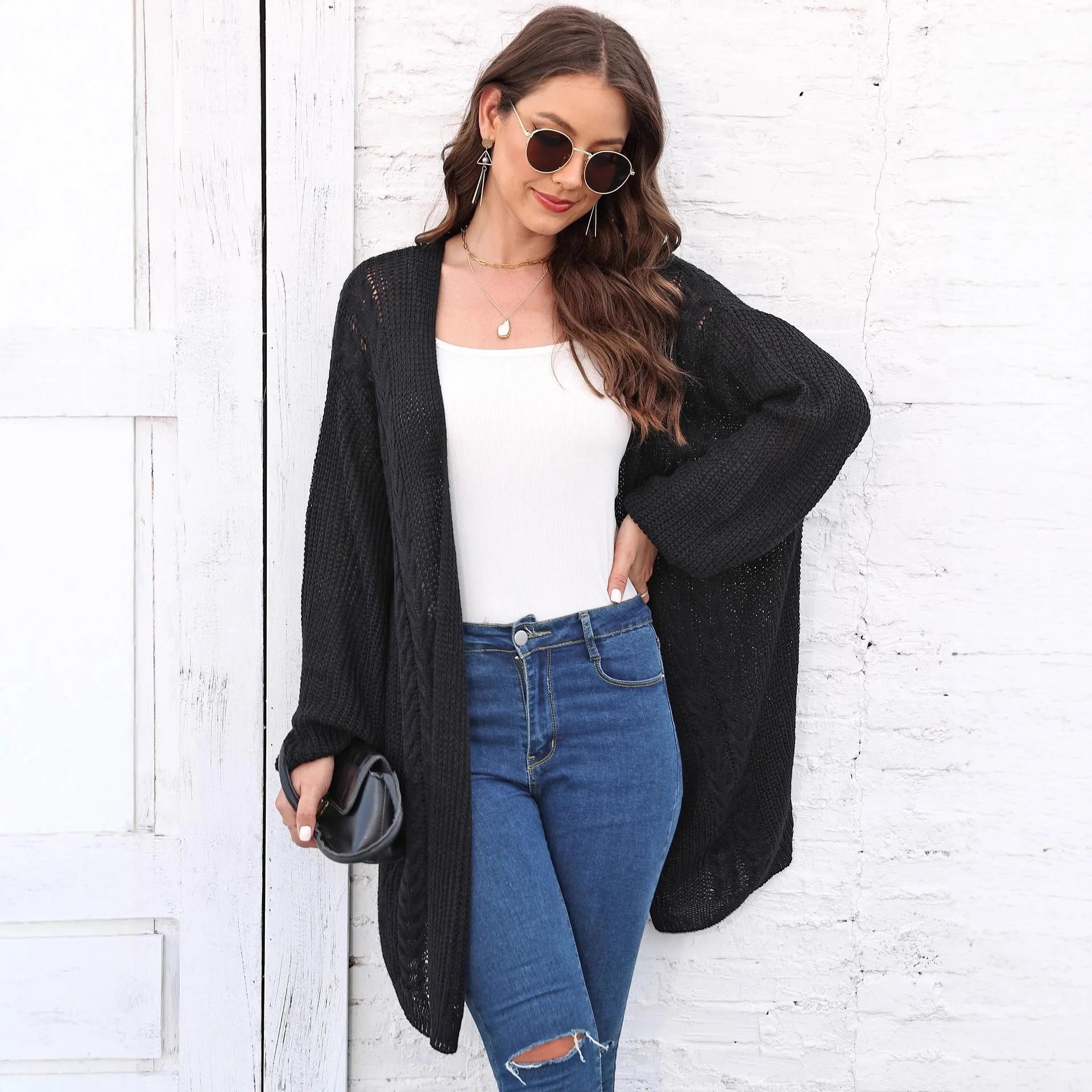 Women's loose fit acrylic sweater coat cardigan in solid colour options