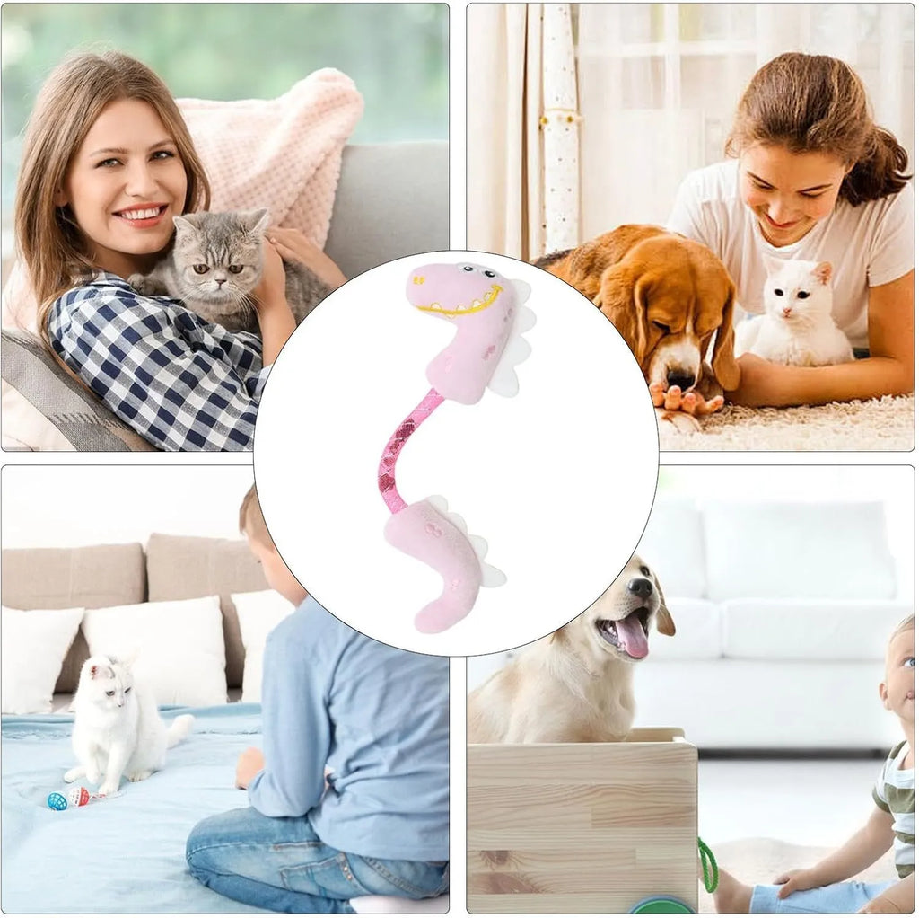 Set of four cat toys: catnip rope toys, springs, plush fish, mouse, and bunny designs in pink, purple, yellow