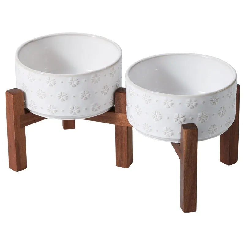 Ceramic elevated anti-spill dog dish with snowflake inner arc design 21cm diameter