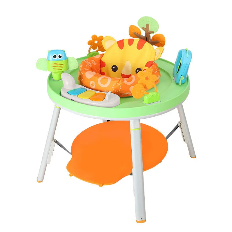 Baby jumping chair with bouncing function, gymnastics rack, and interactive toys in duck or lion design