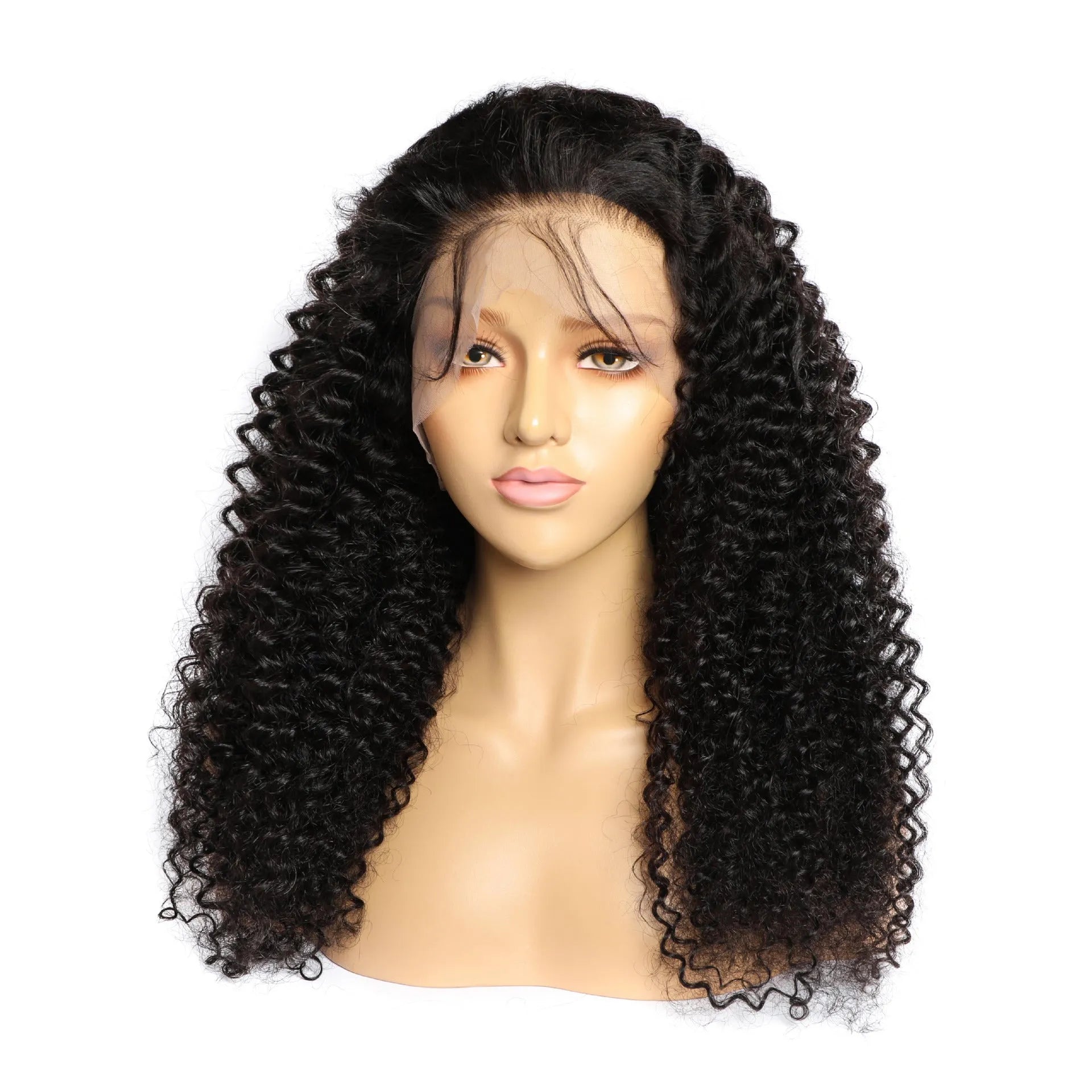 Curly real human hair wig with lace frontal shown in long length