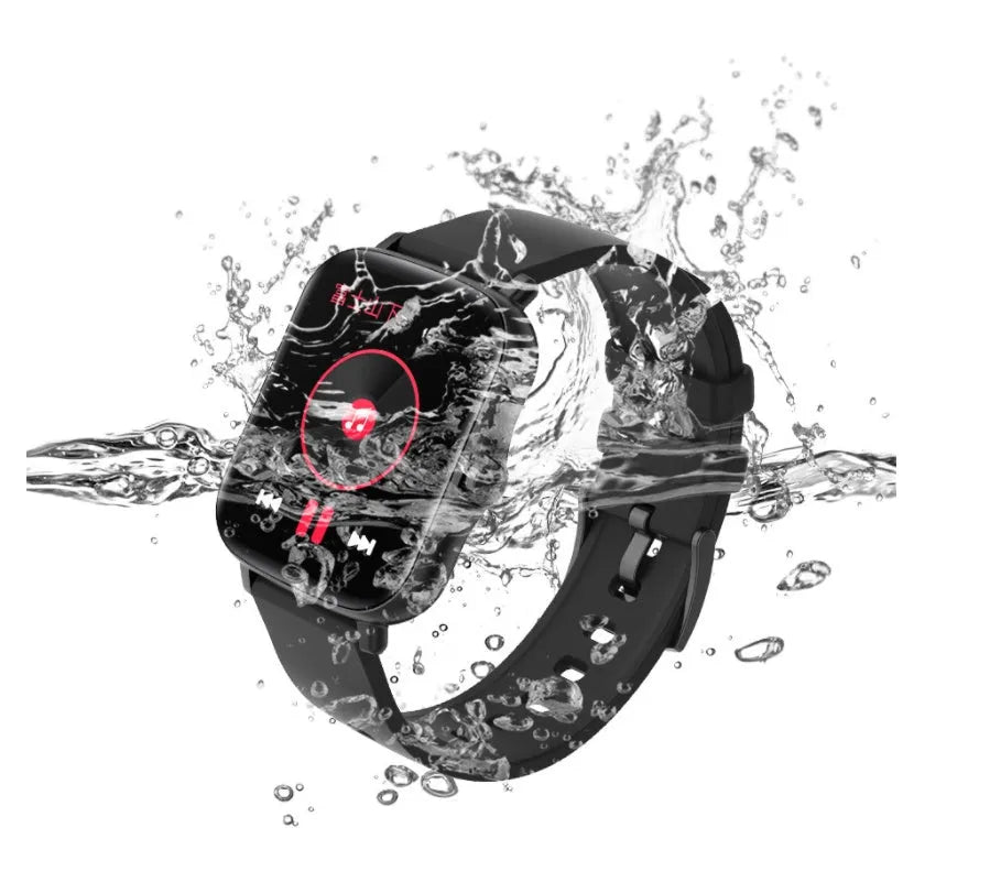Black smart watch with a 1.7-inch colour touch screen on an adjustable strap, showing a fitness tracking interface.
