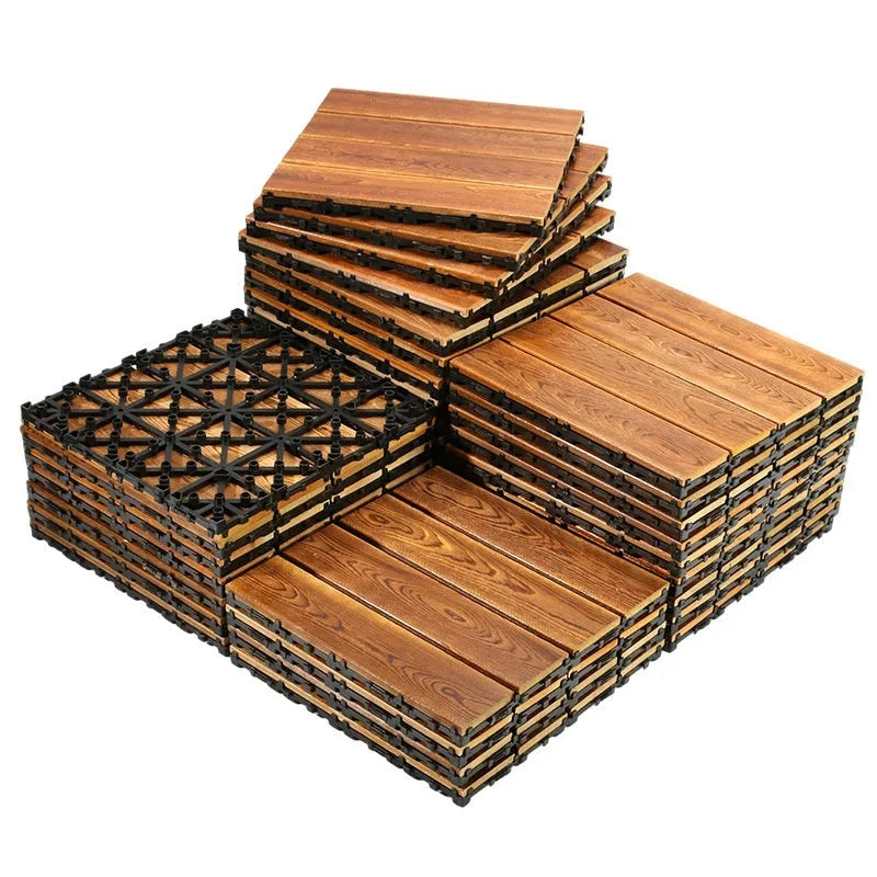 Camphor pine wood flooring tiles showing interlocking edges and wood grain texture