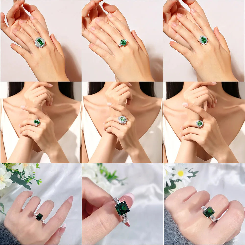 Sterling silver emerald ring with geometric design featuring Palaibahao inlay and high carbon diamond accents