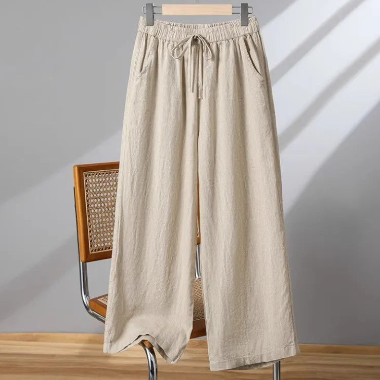Women's straight-leg casual trousers with elastic waist and front drawstring tie in four colour options