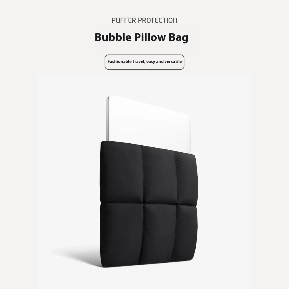 Soft fluffy laptop sleeve in black or khaki with retro sewing thread details, sized for 13 to 15.6 inch laptops