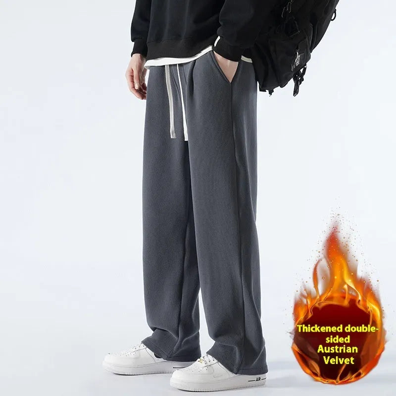 Men's fleece-lined winter casual trousers in apricot colour with drawstring waist and loose fit design