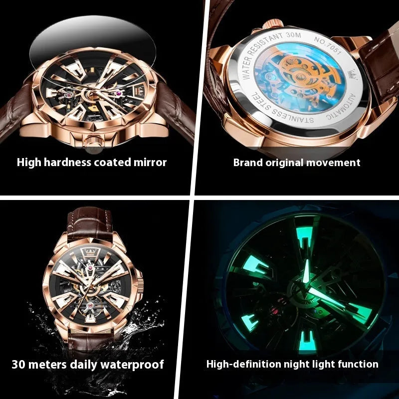 Men's automatic mechanical watch with hollow dial visible movement and transparent case back