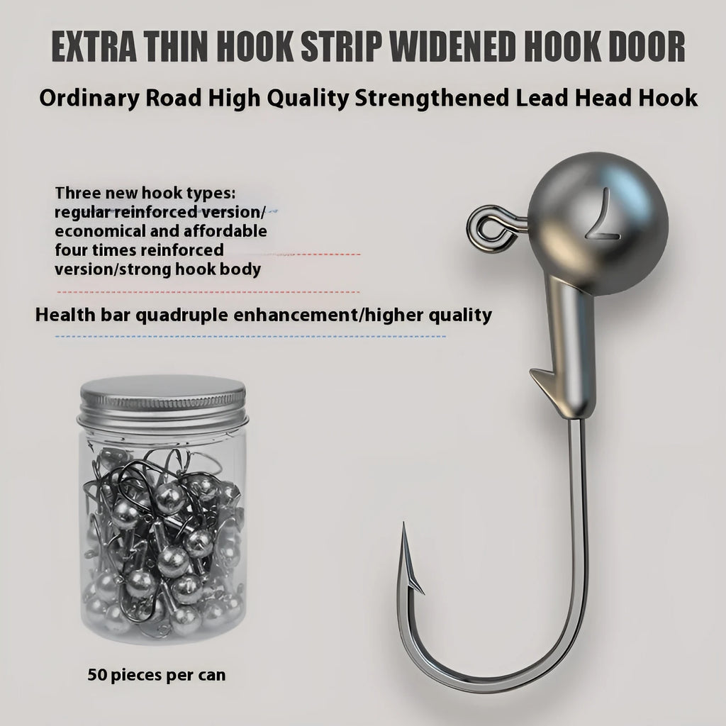 50-piece enhanced jig hooks with lead heads and four-times stronger construction