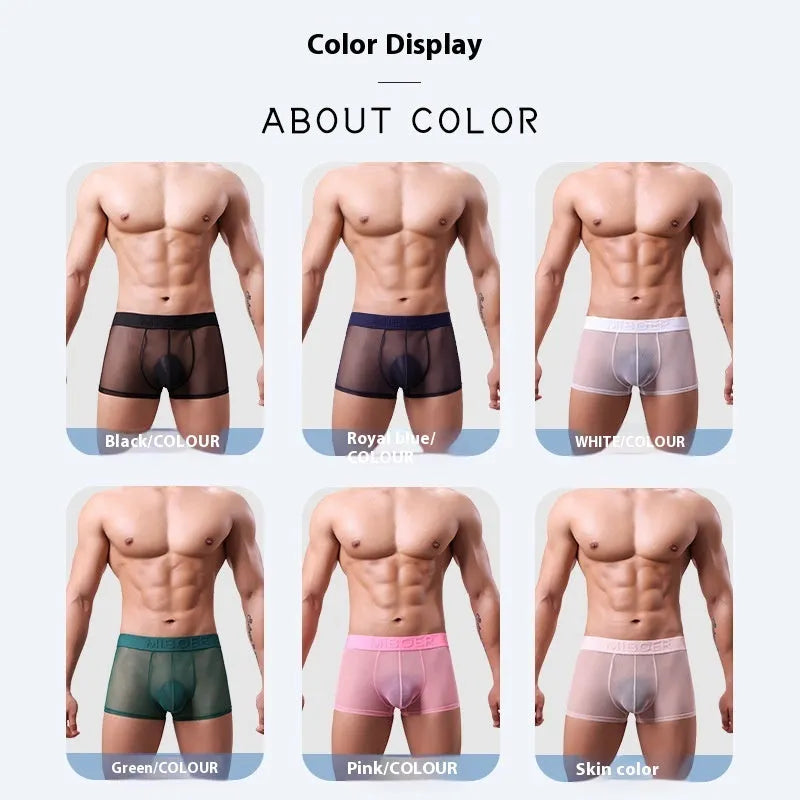 Men's thin boxer shorts in six colours showing quick-drying polyester fabric
