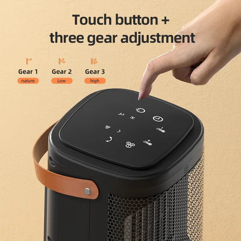 Tall black digital electric radiator heater with touch screen display and remote control on a wooden floor.
