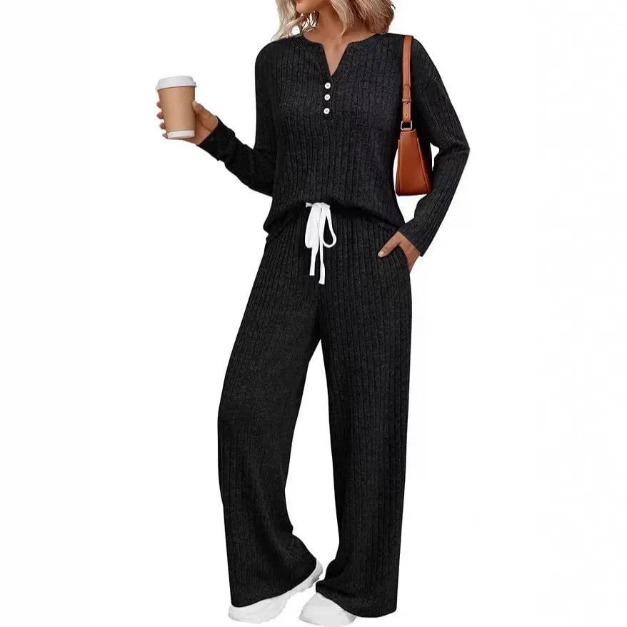 V-neck striped knit long coat with pockets and matching pants in light gray, six colour options