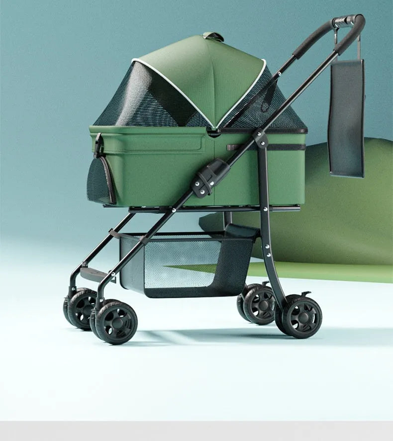 One-click folding large capacity pet cart in Black Warrior basic style with metal frame and detachable pet carrier