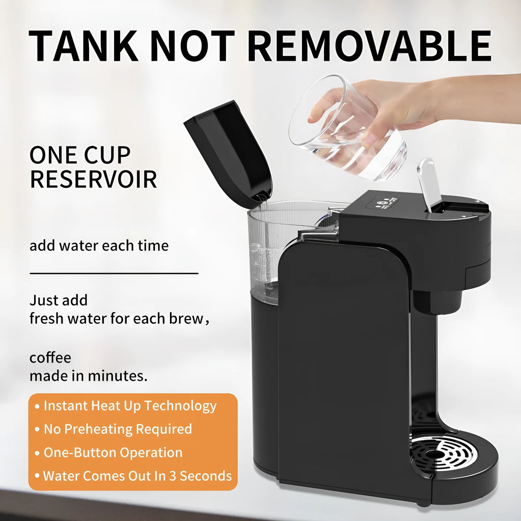 Mini capsule coffee machine in black with white accents, showing adjustable tray and KCUP capsule slot