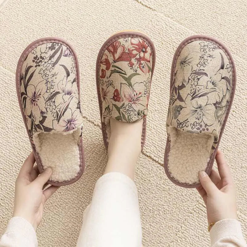 Warm winter linen surface cotton household slippers with PVC sole in red flower colour, side view
