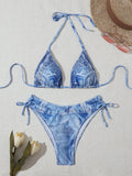 Women's denim print bikini set with strap details in blue colour
