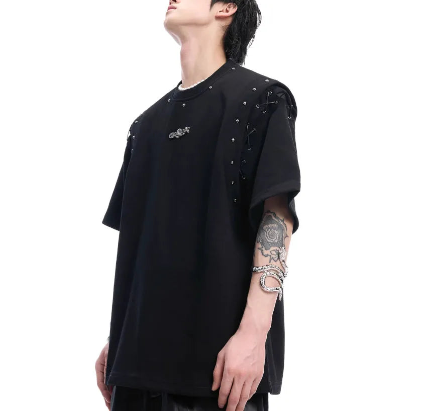 Women's lace-up cutout short sleeve T-shirt in black cotton-polyester blend