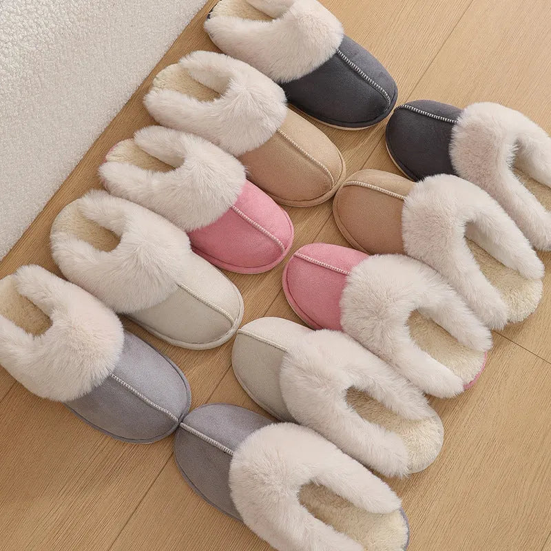Women's plush winter slippers with artificial wool lining and anti-slip PVC soles in multiple colours