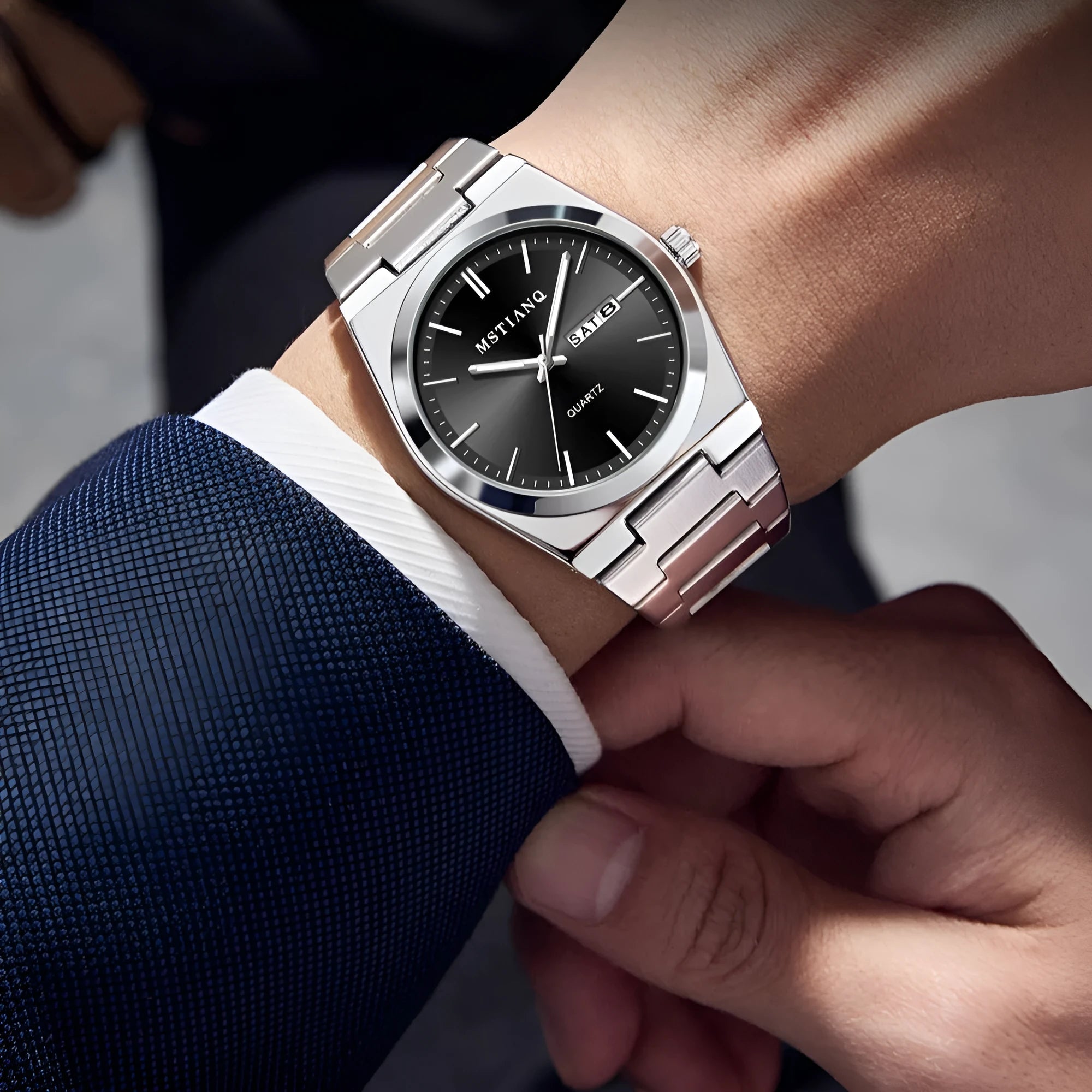 Men's quartz watch with steel belt, luminous display, and slim 6mm case in silver and dark blue