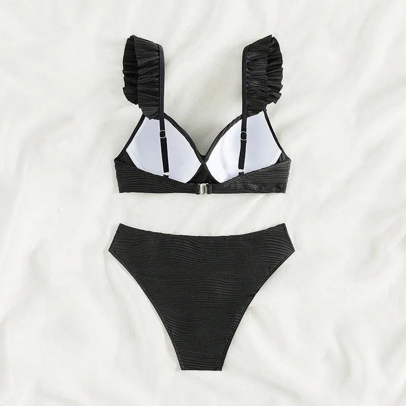 Solid colour women's polyester bikini swimsuit in black or khaki, sizes S M L XL.