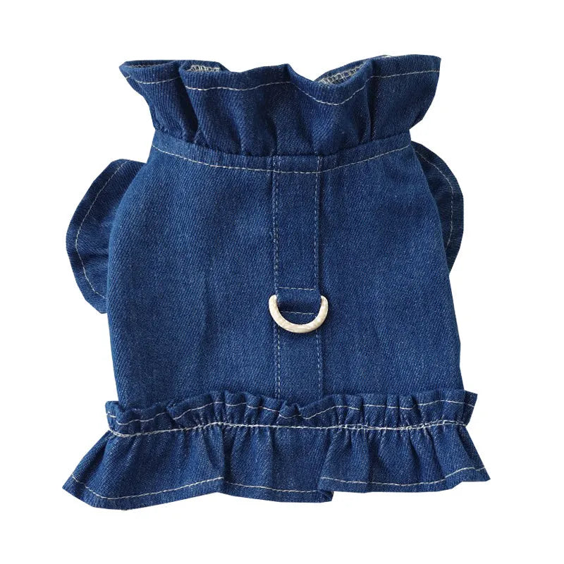 Blue denim dog dress with ruffles vest design and leash hook attachments
