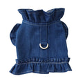 Blue denim dog dress with ruffles vest design and leash hook attachments