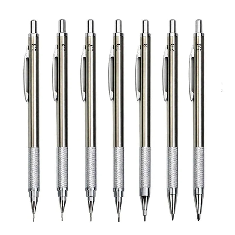 Metal automatic mechanical pencil with push-button mechanism, compatible with 0.5mm to 2.0mm lead sizes